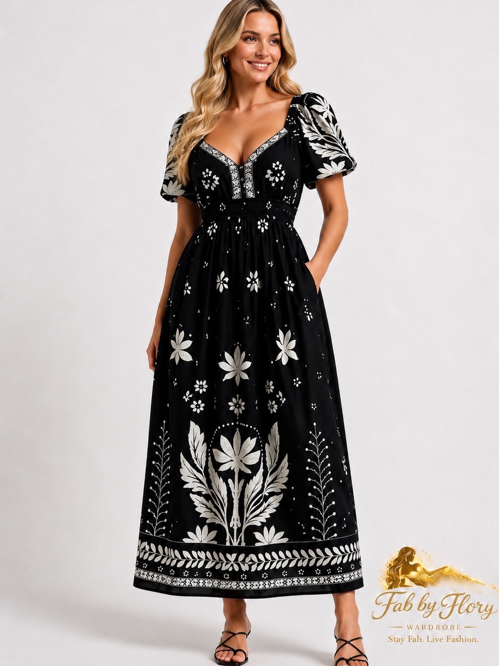 Ellen Tracy ✨ 
Boho Chic Women's Printed Puff Sleeve Maxi Dress